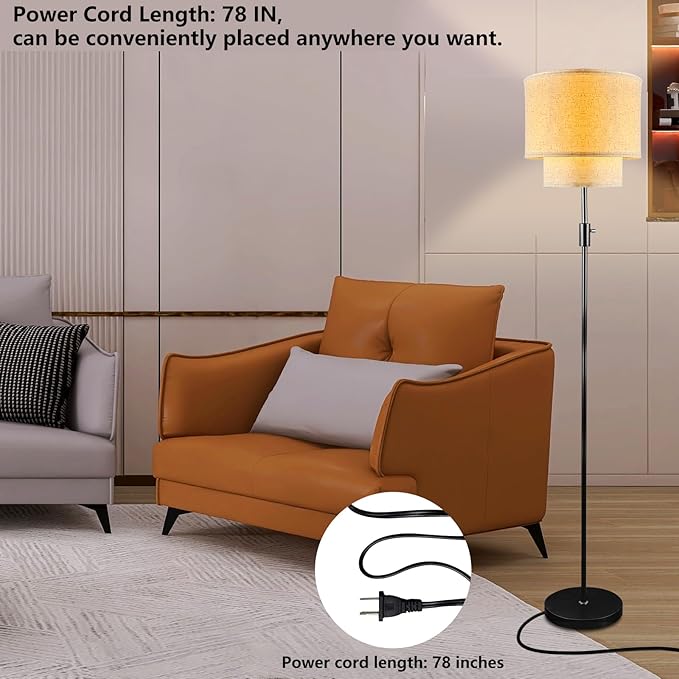 Lightdot 67IN LED Floor Lamp for Living Room, LED Standing Floor Lamps with Double Fabric Shade, E26 Bulb Included, Vintage Corner Lighting, Mid Century Floor Lamp for Bedroom Home Office-Gold