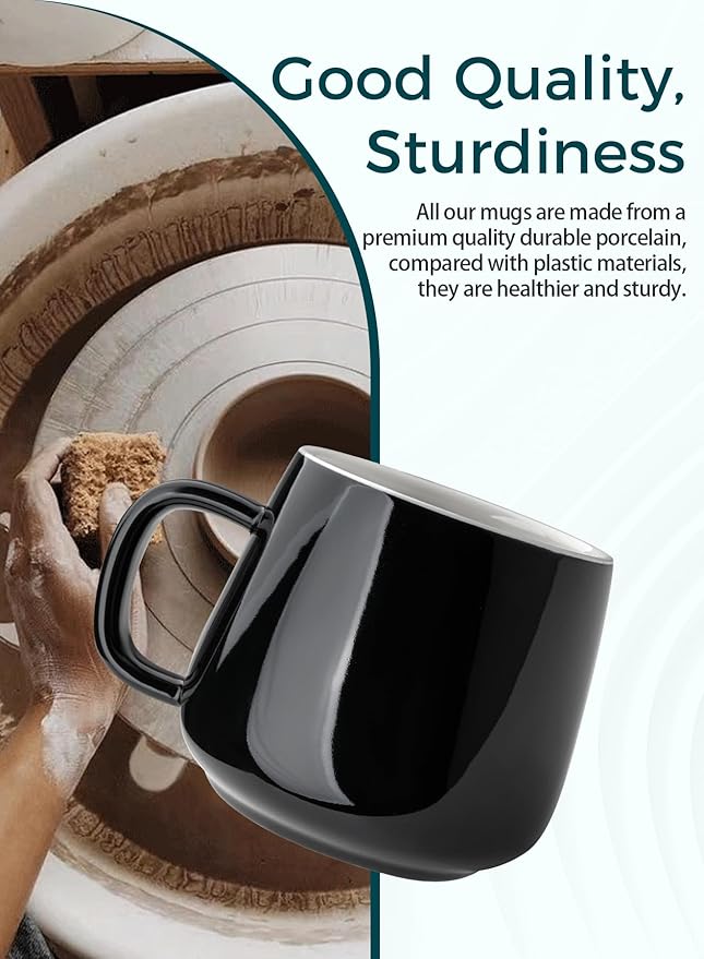 Teocera Ceramic Coffee Mug Set of 4-12 oz Coffee Mugs with Large Handles for Hot or Cold Drinks Like Latte, Cocoa, Tea or Juice - Smooth Ceramic, Dishwasher Safe,Black