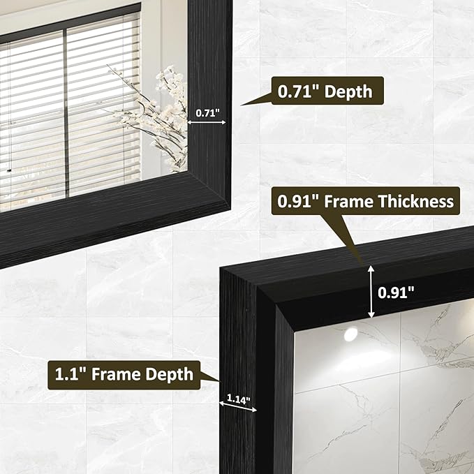 WEER Black Framed Mirror for Bathroom, 22x30 Inch Framed Bathroom Mirror, Rectangular Wall Mounted Mirror, Matte Black Vanity Mirrors, Tempered Glass, Vertically or Horizontally, Anti-Rust