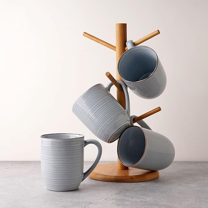 famiware Tempus Coffee Mugs Set of 4, 14 oz Cup Set, Stoneware Mugs with Handle for Coffee, Tea, Cocoa, Milk, Cappuccino, Microwave Safe - Pearl Blue