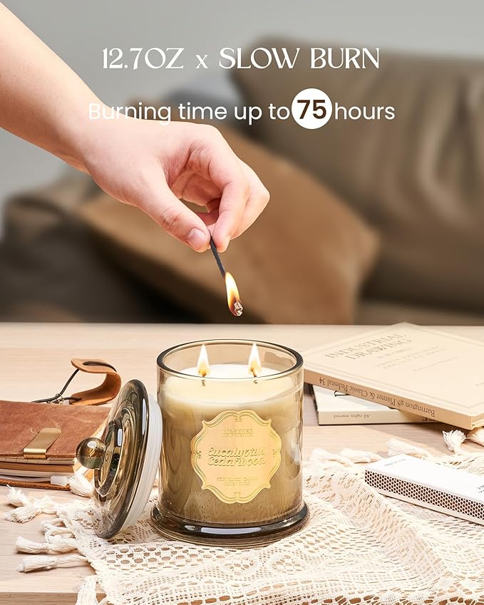M&SENSE Eucalyptus Cedarwood Scented Candles, 2 Wick 12.7oz Large Jar Candle 75H Long Lasting, Plant-Based Non Toxic Natural Soy Wax, Aromatherapy Candles for Stress Relief,Gifts for Men Women Father