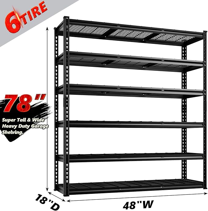 REIBII 3300LBS Storage Shelves 78" H Garage Shelving Units Metal Garage Storage Rack 6 Tier Adjustable Shelving Unit for Basement Warehouse Pantry 48" W X 18" D X 78" H