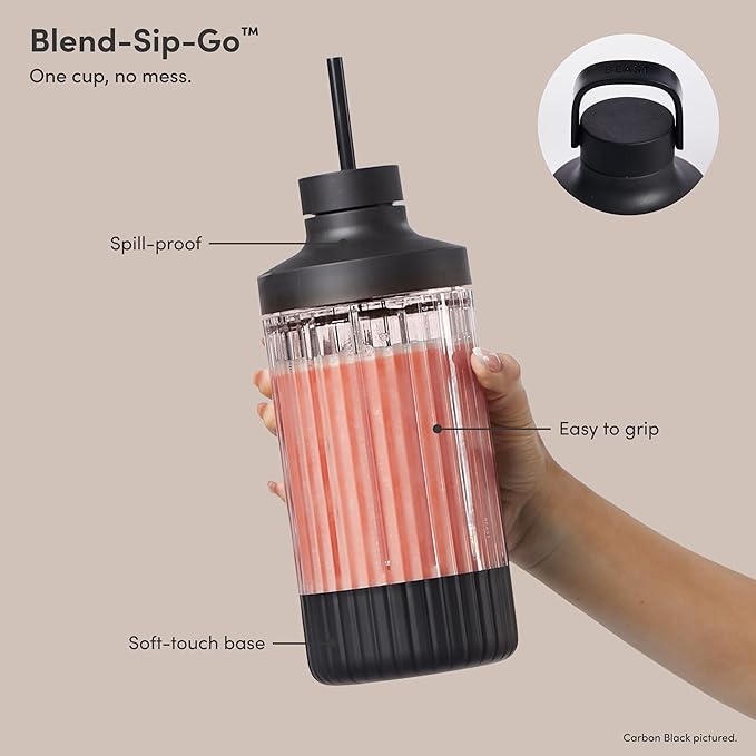 Beast Mega 1200 Plus | Premium Countertop Blender | Smoothies, Shakes, Sauces, Dips, Soups | Blends Ice and Frozen Fruit | XL Vessel | With Extra Vessels, Straw System | 1200W | (Carbon Black, 120V)