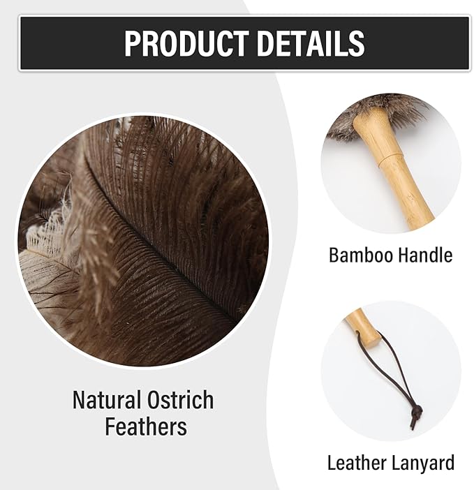 Ostrich Feather Duster 16 Inch, Feather Duster for Cleaning Ceilings Furniture Fans with Wooden Handle for Home, Car, and Office Cleaning (16in)