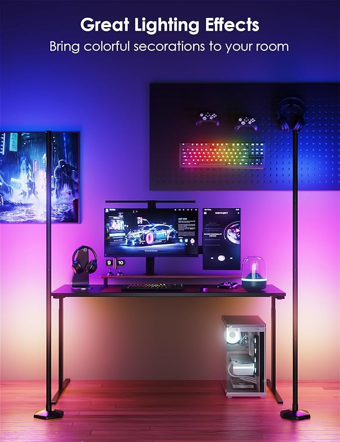 2PCS RGB Corner Floor Lamp, 65" Color Changing LED Floor Lamp Music Sync Light Bar Bluetooth APP Remote Control 16 Million DIY Colors, Light Timing, Mood Ambient Lighting