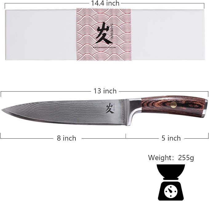 SAMCOOK Damascus Chef Knife - 8 Inch Professional Sharp Kitchen Knife - Japanese VG-10 High Carbon Stainless Steel Meat Sushi Cutting Gyuto knife - Ergonomic Pakkawood Handle with Gift Box