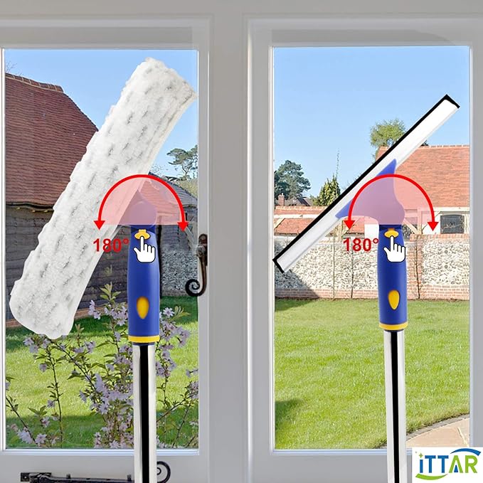 ITTAR Window Squeegee Cleaner Kit, 5Ft Extendable Stainless Steel Pole with Rotatable Rubber Squeegee & 2 Microfiber Scrubber Pads, Professional Window Cleaning Tool for Home, Shower, Car, Windshield