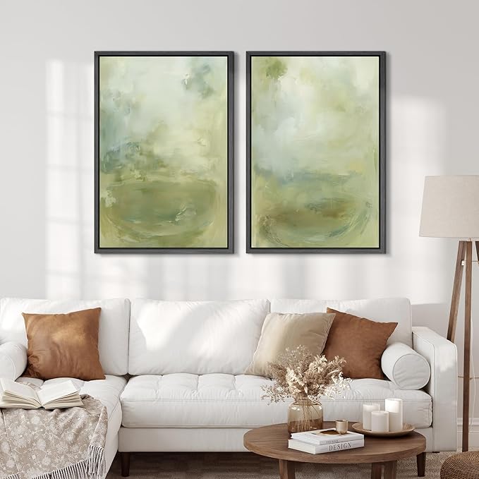 SIGNFORD Framed Canvas Print Wall Art Set Soft Green Abstract Contemporary Neutral Landscape Illustration Modern Art Decorative Nordic Nature for Living Room, Bedroom, Office - 16"x24"x2 Black