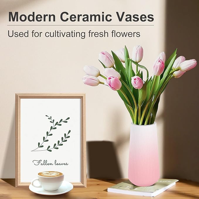 Gradient Pink Ceramic Vase, GUKJOB Small Cute Flower Vase for Pampas Grass, Home, Living Room, Dining Table, Farmhouse, Office Decor, Bedroom, Table, and Kitchen Shelf (Gradient Pink)