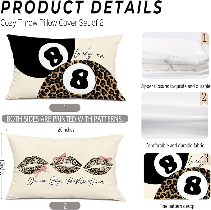 Leopard Star Lucky 8 Ball Throw Pillow Covers 20x12, Cheetah Print Room Decor, Trendy Funky Y2K Leopard Print Decorative Pillow Covers for Girls Room Dorm Apartment Home,Set of 2