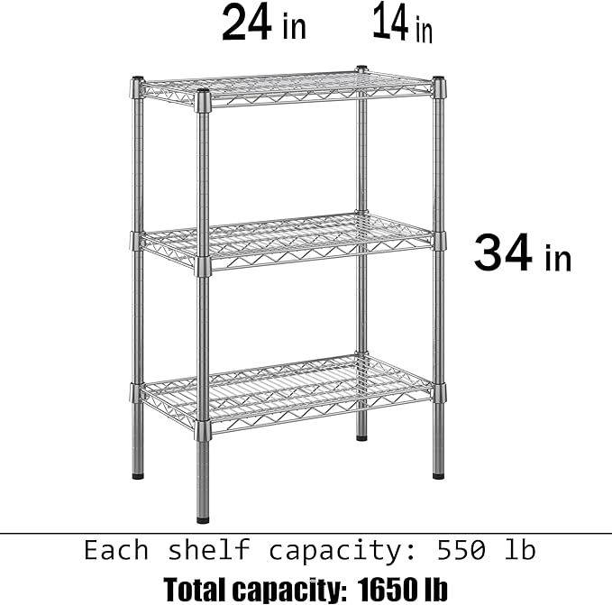 14" Deep x 24" Wide x 34" Height Wire Shelving Kit | 3-Tier | NSF Commercial Storage Rack Unit