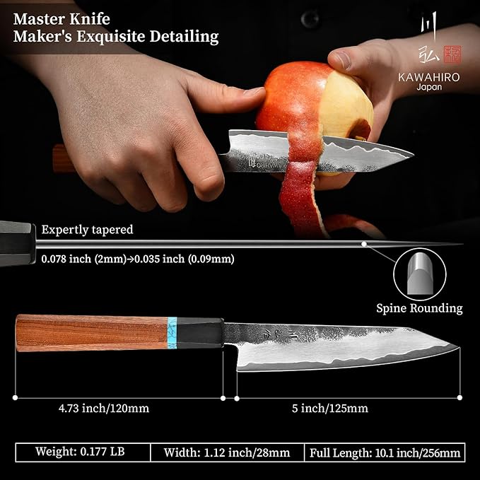 KAWAHIRO Japanese Utility Knife, 5 inch Handcrafted VG10 Stainless Steel Paring Knife, Professional Black Forged Multipurpose Kitchen Knives with Ergonomic Handle Grip and Gift Wood Box