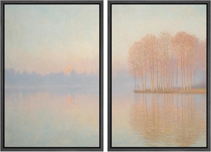 SIGNFORD Framed Canvas Print Wall Art Set Pastel Lake Landscape Serene Sunrise Water Reflection Illustration Modern Art Decorative Nordic Nature for Living Room, Bedroom, Office - 16"x24"x2 Black