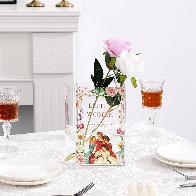 Book Vase for Flowers, Glass Book Vase, Book Flower Vase, Clear Book Vase, Book Shaped Vases, A Book About Flowers Vases for Bedroom, Living Room, Office, Bookshelf (Women)