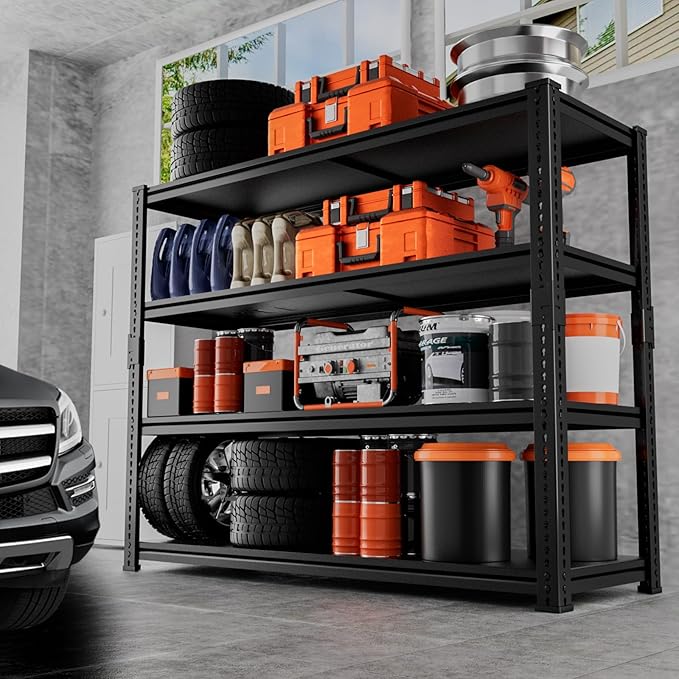 Storage Shelves Heavy Duty, 48"L x 18"W x 72"H Garage Storage Shelves Unit Loads 2960LBS, 4-tier Adjustable Metal Industrial Utility Shelf Rack for Kitchen, Laundry Room, Pantry, Warehouse, Basement