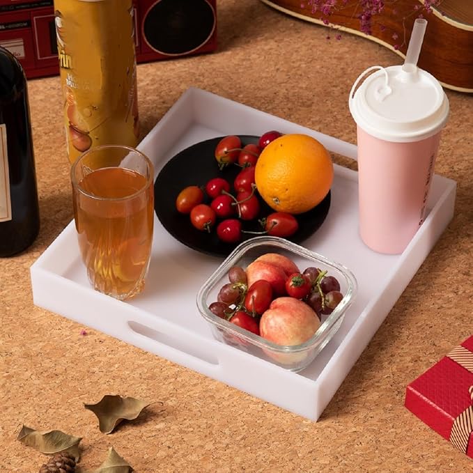 Glossy White 21"X21"X2" Decorative Tray Extra Large Sturdy Acrylic Serving Tray with Handles Countertop Organizer Tray for Ottoman Kitchen Bathroom Office Bar Decorative Tray