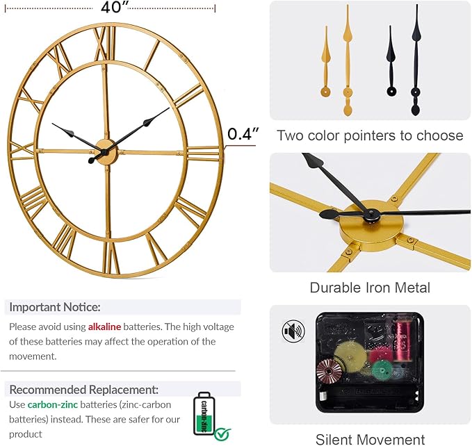 Large Wall Clock for Living Room Decor – 40 Inch Silent Non-Ticking Modern Farmhouse Wall Clock, Oversized Decorative Metal Roman Numeral Clock