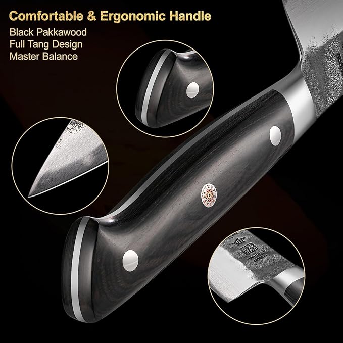 8 Inch Chef Knife, Japanese Chefs Knife Black Forged Kitchen Knife with AUS-8 Alloy Steel and Full Tang Pakkawood Handle, Christmas Gift with Premium Box