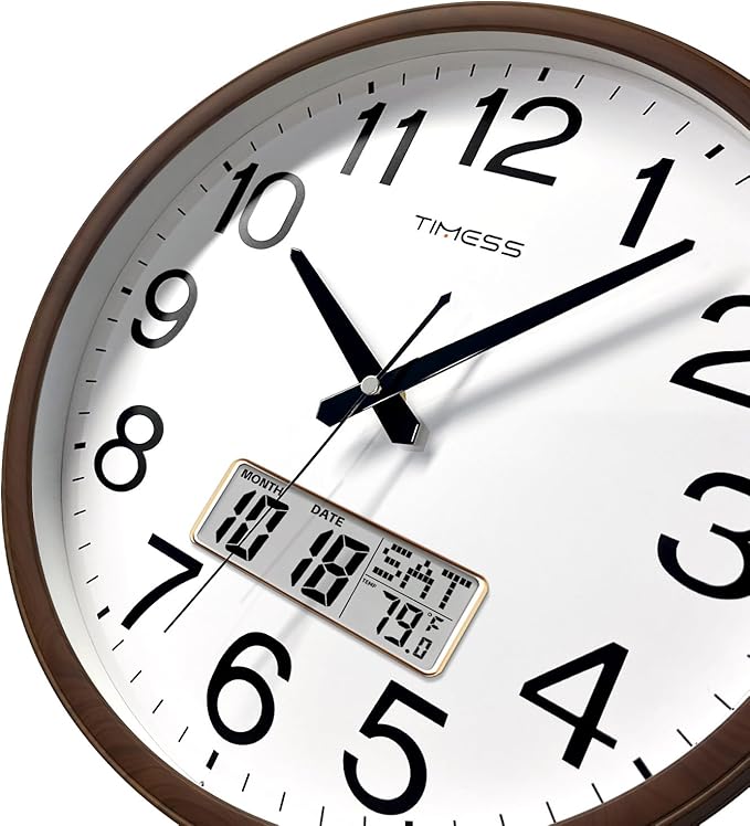 Wall Clock, Classic Wood Style Finish, 16 Inch Non-Ticking Silent Battery Operated Quartz Analog with Perpetual Calendar and F° Temperature Display, Home, Office Décor (Wood Brown)