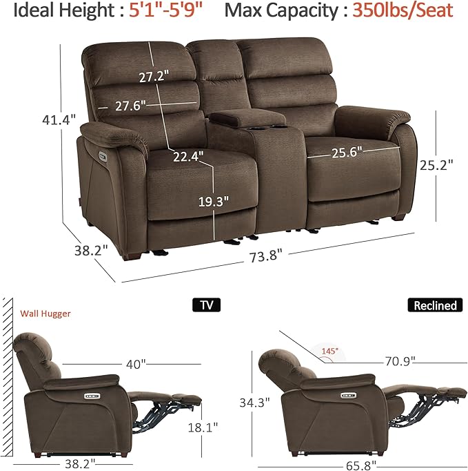MCombo Zero Wall Recliner Loveseat with Console, Power Recliner Loveseat with Adjustable Headrest, USB A & C Charge Ports, Cup Holders, for Living Room, RVs, Small Spaces (Fabric, ST258M2, Coffee)