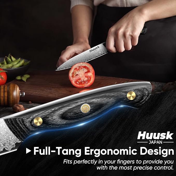 Huusk Damascus Kitchen Utility Knife, Japanes VG10 Small Chef Knife 5 inch with Ergonomic Wooden Handle, Versatile Knife for Vegetable Fruit Meat,Birthday Dad Mom Gift