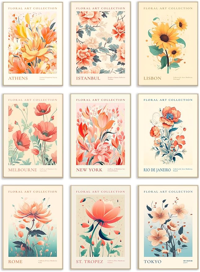 Flower Market Poster Set of 9, Abstract Colorful Floral Wall Decor Art Prints, Vintage Flower Market Poster for Room Aesthetic, Trendy Floral Canvas Gallery Paintings Boho Wall Art Decor for Bedroom Bathroom(8x10inch, Unframed)