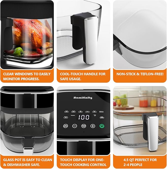 Glass Air Fryer with 8-in-1 Preset Cook Modes, 4.5 QT Transparent Viewing Pot, Non-Toxic, Dishwasher Safe, 97% Less Oil, Precise Temperature Control & Timer, Stainless Tray & Silicon Coaster Included