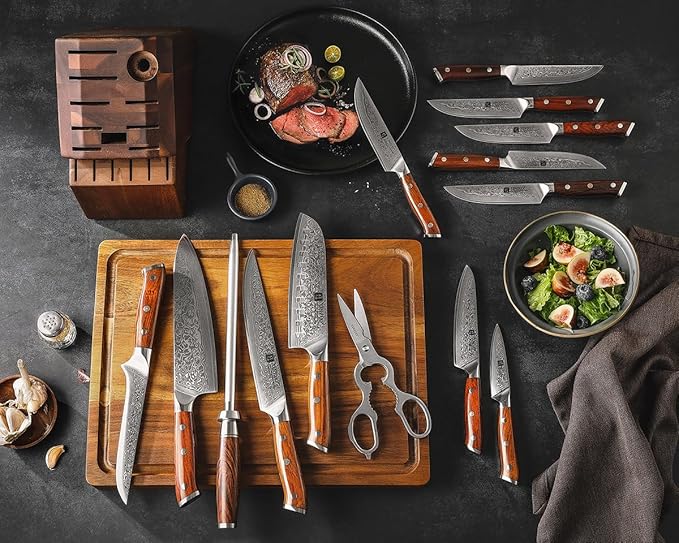 XINZUO 15pcs Kitchen Knife Set with Block, Professional Damascus Chef Knife Set-steak Knife Set of 6-Kitchen Shear&Diamond Honing Steel,Natural Rosewood Handle, Razor Sharp