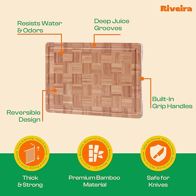 Riveira Bamboo End Grain Wood Cutting Board – Gourmet Bamboo Grandeur: 15 x 10 Wooden Cutting Boards – Wooden Cutting Boards For Kitchen Decorative – Innovative Juice Grooves End Grain Cutting Board