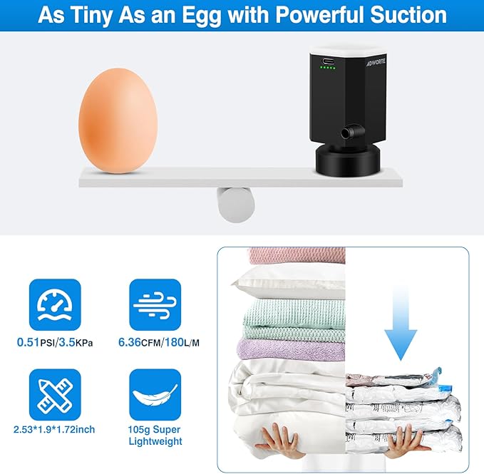 Cordless Electric Pump for Vacuum Storage Bags Travel Air Pump for Various Space Saver Bags Portable Rechargable Seal Bag Pump for Compression Clothes, Blanket, Luggage (Storage Bag Not Included)