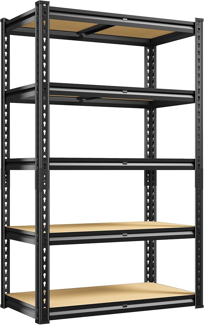 REIBII Storage Shelves 5 Tier Adjustable Garage Shelving Heavy Duty Metal Shelving 2020LBS Metal Shelf 59.8" H Pantry Shelf for Garage Pantry Closet Kitchen Basement 28" W x 12" D x 59.8" H, Black