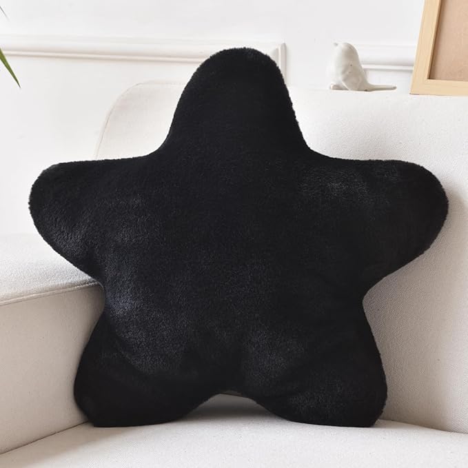 Xiashrk Star Pillow, Decorative Throw Pillows for Bed Couch, 15" Star Shaped Pillow Plush Floor Cushions Room Decor Pillow with Faux Rabbit Fur for Sofa Bedroom Living Room (Black, 19.6" x 19.6")