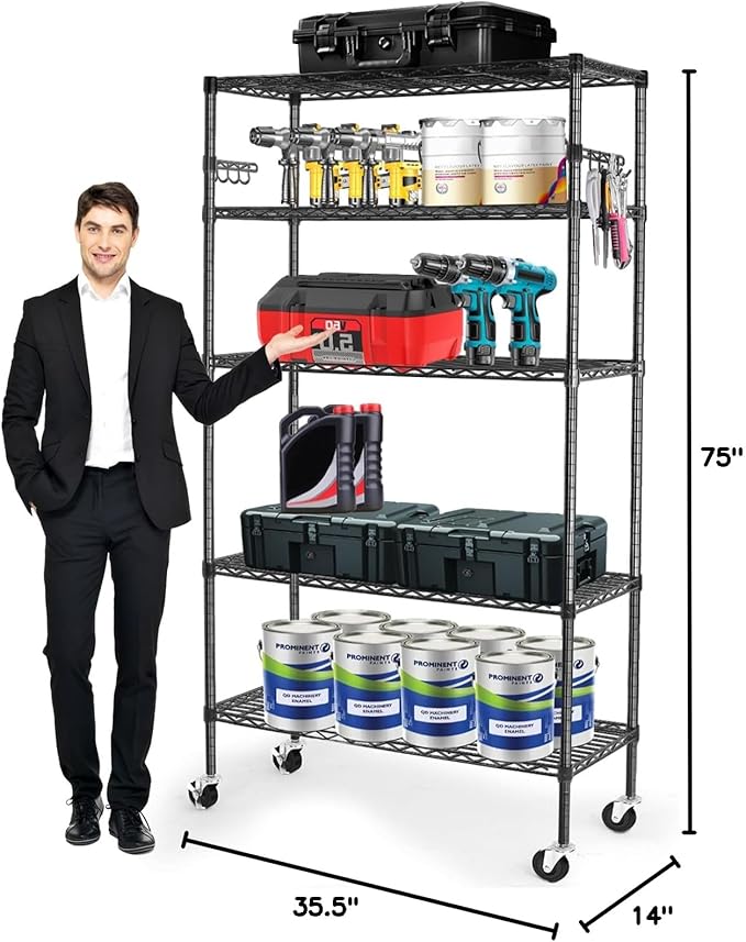 YNN Storage Shelves,1750Lbs 5 Tier Heavy Duty Metal Rolling Shelving Unit with Wheels & 8 Hooks, Adjustable Garage Wire Rack for Kitchen, Bathroom,Industrial,Pantry(36" W x 14" D x 72" H,Black)