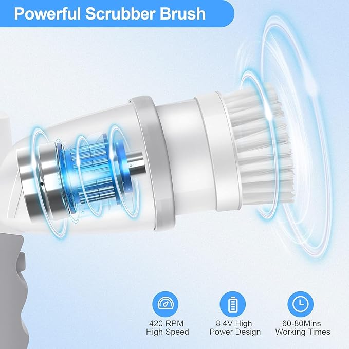 Electric Spin Scrubber, Shower Scrubber with Handle, Waterproof Portable Bathroom Cleaner Brush, Cordless Electric Cleaning Brush with 5 Replaceable Brush Heads for Floor Tile Tub Wall Window Kitchen