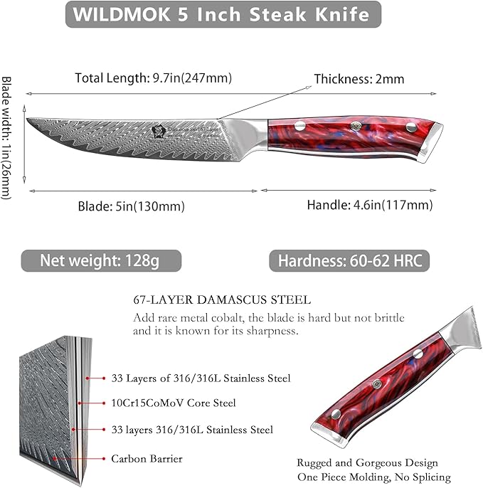 WILDMOK Steak Knives, 5 inch Non Serrated Steak Knife Set of 4, Japanese Damascus VG10 Steel Steak Knives,Premium Steak Knives Set with Gift Box