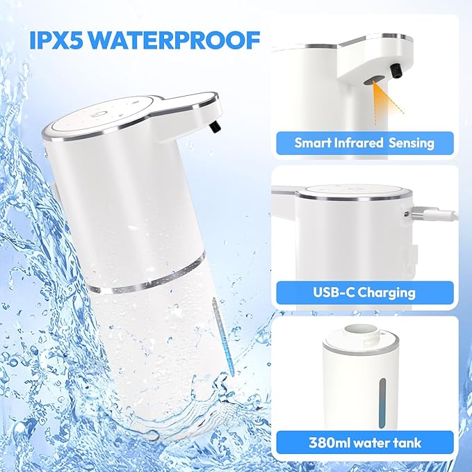 Automatic Foaming Soap Dispenser,Touchless Foam Soap Dispenser,12.8oz Rechargeabled Wall Mounted Smart for Bathroom and Kitchen Dish Soap,Easy for Toddlers(White)