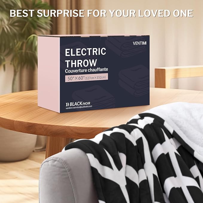VENTIMI Electric Blanket Heated Throw, 50" x 60" Heated Blanket with 5 Heat Levels & 3 Hours Auto Off, Fast Heating Blankets with ETL & FCC Certification, Black