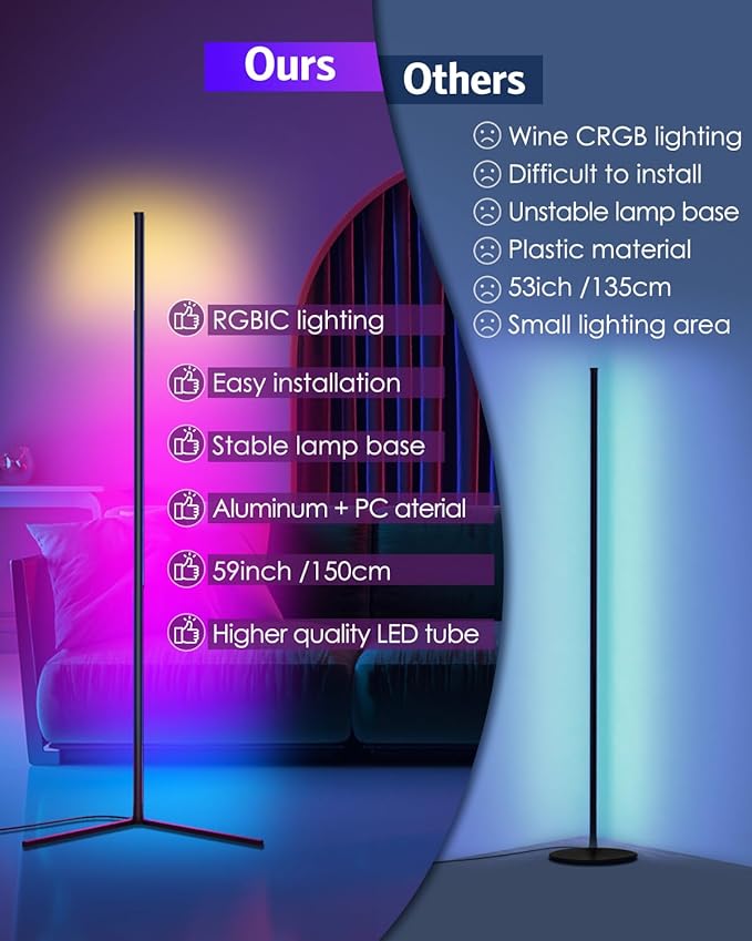 Upgraded Floor Lamp, 64.5''RGB LED Corner Lamp with App & Remote Control, 16 Million Colors & 300+ Scene, Standing Lamp with Music Sync for Living Room, Gaming Room,Bedroom