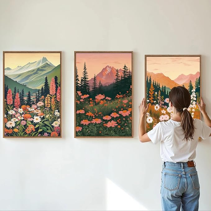 Tinonedraw Large Boho Mountain Framed Canvas Wall Art Set of 3, Colorful Wildflower Daisy Flowers Wall Decor, Bohemian Floral Forest Scenery Artwork, Modern Nature Landscape Art Prints for Bedroom Living Room Office 16"x24"