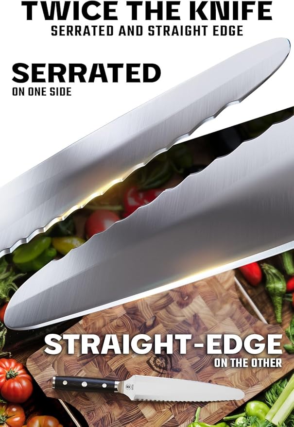 Dalstrong Dual Chef Knife - 8 inch - Gladiator Series Elite - Straight+Serrated Edge - Forged High Carbon Steel Sharp Kitchen Knife - Full Tang Knife Gift- Black G10 Handle - Sheath - NSF Certified