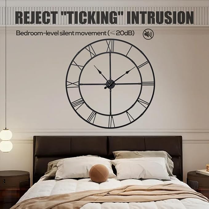 Large Wall Clock for Living Room Decor – 32 Inch Silent Non-Ticking Modern Farmhouse Wall Clock, Oversized Decorative Metal Roman Numeral Clock, Black