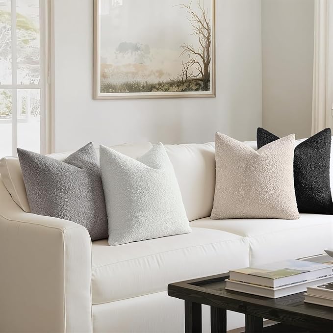 MIULEE Pack of 4 Decorative Textured Boucle Throw Pillow Covers 20x20 Inch Black White Accent Solid Pillow Cases Soft Couch Cushion Covers Modern Farmhouse Boho Chair Sofa Bed Livingroom Home Decor