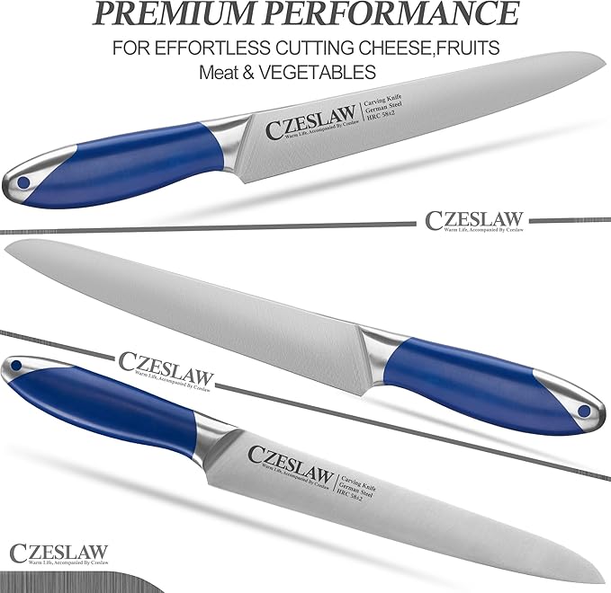 Carving Knife 2pcs, Brisket Knife and Slicing Knife, Meat Cutting and BBQ Knife, Razor Sharp Carving Knife for Meat, Forged from High Carbon German Steel, Full Tang Prussia Blue Handle