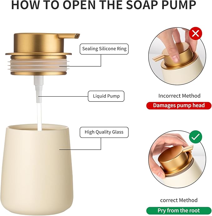 Enra Ceramic Soap Dispenser,12 oz Hand Lotion Dispenser with Gold Pump,Refillable Dish Soap Dispenser,Modern Liquid Soap Dispenser for Bathroom,Kitchen with Easy-to-Press Pump(Beige Liquid Glod Pump)