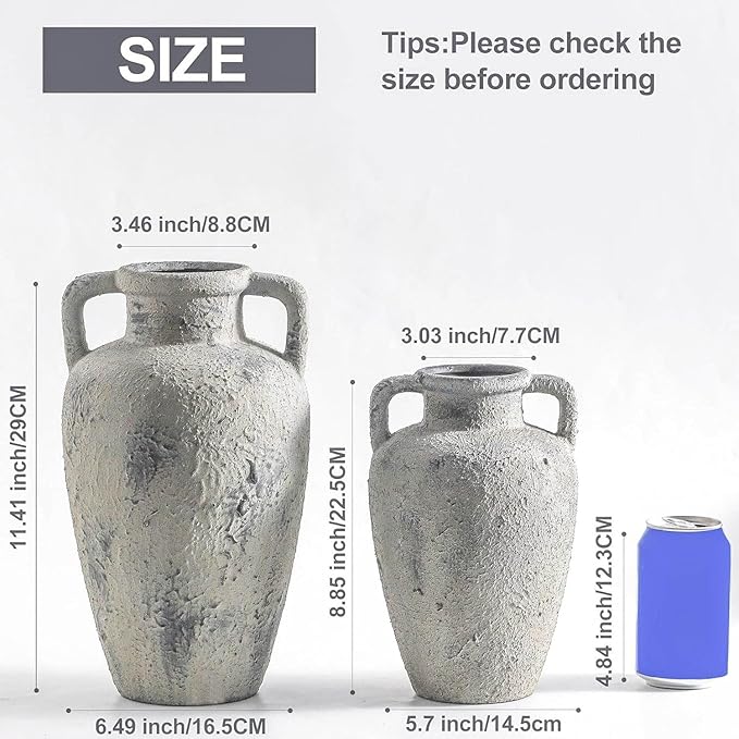 Ceramic Vase with 2 Handles, 8.85 inch Tall Vintage Farmhouse Flower Vase for Home Decor, Wide Mouth, Living Room Shelf Decor, Enterway, Table