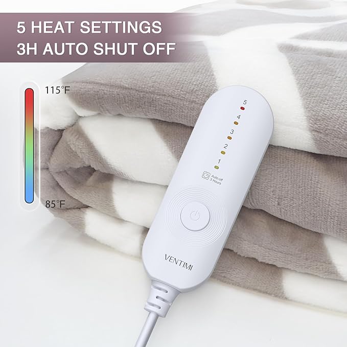 VENTIMI Electric Blanket Heated Throw, 50" x 60" Heated Blanket with 5 Heat Levels & 3 Hours Auto Off, Fast Heating Blankets with ETL & FCC Certification, Beige