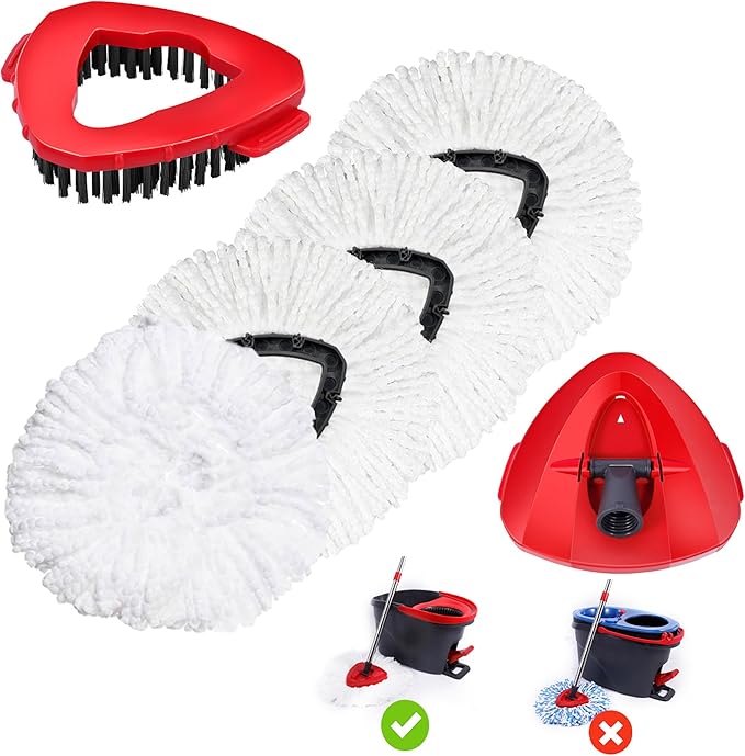 4 Pack Spin Mop Replacements Head Compatible with Oceda EasyWring 1-Tank System,Microfiber Spin Mop Refills Head,1 Mop Scrub Brush + 1 Mop Base + 4 Pack Cleaning Floor Mop Head(White)