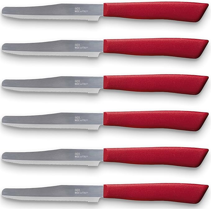 6 kitchen Knives - 4.3"/11cm Italian Stainless Steel Serrated Vegetable/Steak/Table Knife Cutlery, Rounded Tip (Red)