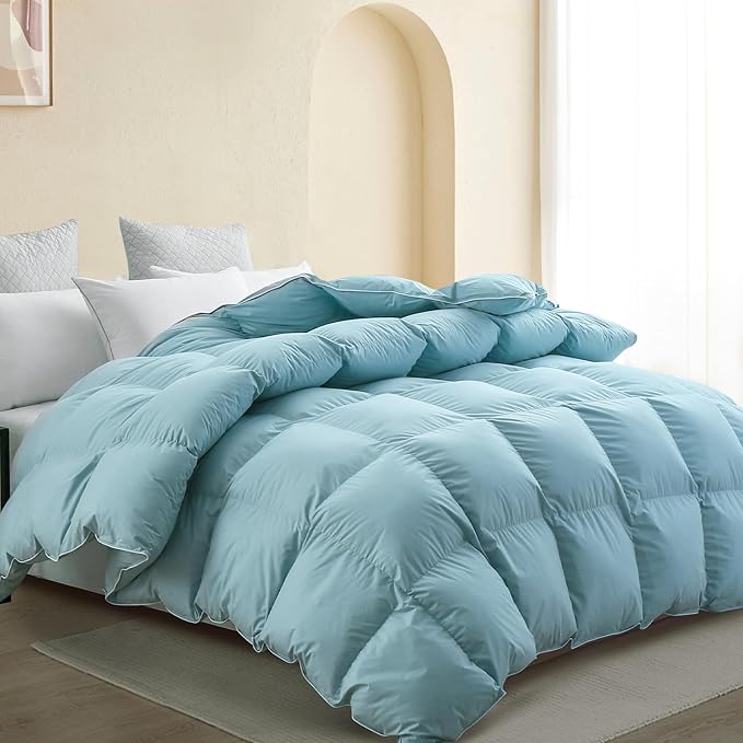 SNOWMAN Premium Down Comforter Twin Size, Luxurious All Season Duvet Insert with Cotton Blended Fabric, 28oz Fill Weight 3D Baffle Box Design Hotel Bedding Comforter (Blue,68"x90")