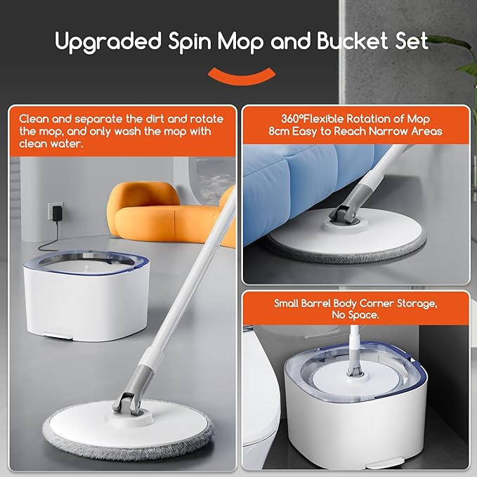 Spin Mop and Electric Bucket System, Unique Automatic Washing and Wring Electric Bucket, Upgrade Spin Mop Bucket with 2 Microfiber Cloths,Suitable for Hardwood Tile Marble Floor-White